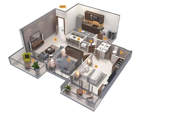 Wing A - 2BHK Typical Even Floor Isometric View