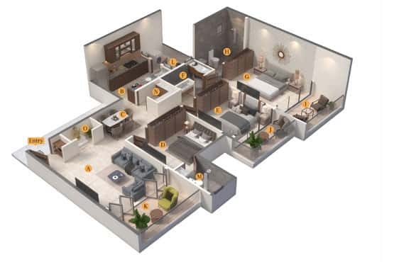 Wing A - 3BHK Typical Even Floor Isometric View