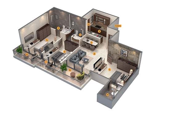 Wing A - 3BHK Typical Even Floor Isometric View