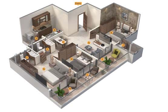 Wing B - 3BHK Typical Odd Floor Isometric View