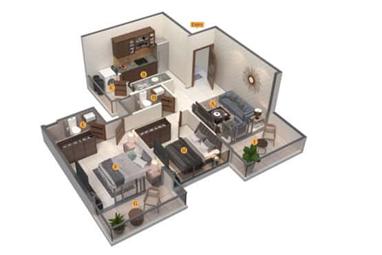 Wing C - 2BHK Typical Floor Isometric View