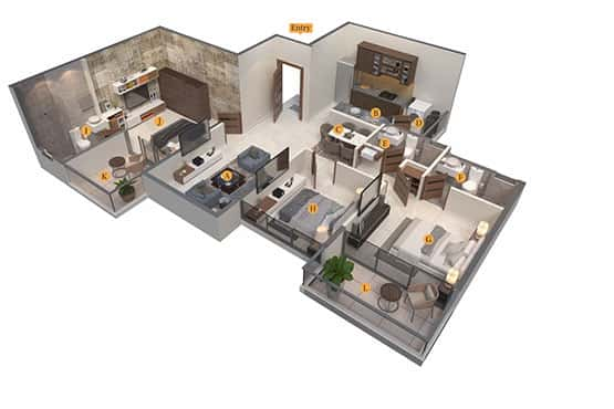 Wing C - 3BHK Typical Floor Isometric View