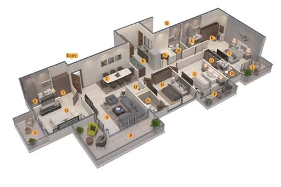 Wing D - 4BHK Typical Odd Floor Isometric View